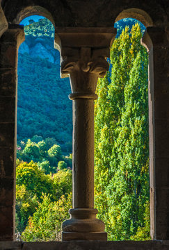 Spain, Pyrenees, Autonomous community of Aragon, Sierra of San Juan de la Pena, Santa Cruz de la Seros village, window of the bell tower of Saint Mary's church (11th century) (Saint James way) (Historical monument)