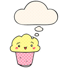 cartoon cupcake with face and thought bubble in comic book style