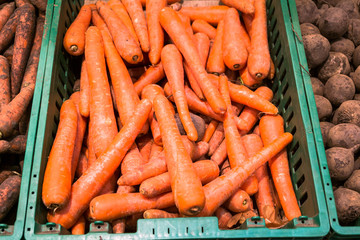 fresh carrots on the supermarket counter