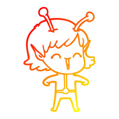 warm gradient line drawing cartoon alien girl laughing