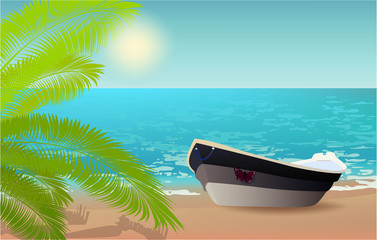 grey boat, beach, palm, butterfly summer trip