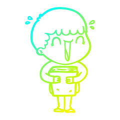 cold gradient line drawing laughing cartoon man holding book