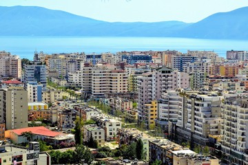 Fototapeta na wymiar Albania, Vlore/ Vlora, cityscape seen from Kuzum Baba hill. Aerial city view, city panorama of Vlore city center