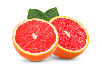Ripe slice of pink grapefruit citrus fruit with leaf isolated on white background. full depth of field