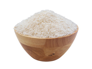 Fototapeta na wymiar Rice in wooden bowl isolated on white background