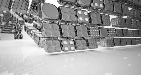 Abstract dynamic interior with black and white smooth objects. 3D illustration and rendering