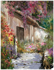 Abstract colorful flowers watercolor painting. Spring  with buildings and walls .