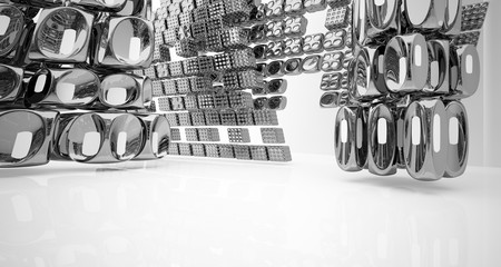 Abstract dynamic interior with black and white smooth objects. 3D illustration and rendering