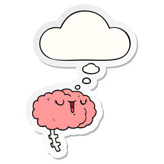 happy cartoon brain and thought bubble as a printed sticker