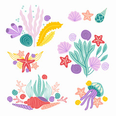 Set of ocean compositions with seaweeds, shells, starfish, jellyfish, coral