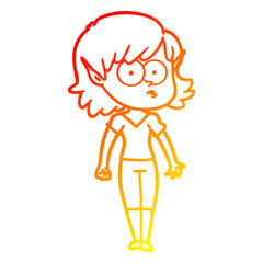 warm gradient line drawing cartoon elf girl staring