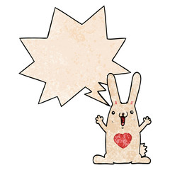 cartoon rabbit in love and speech bubble in retro texture style
