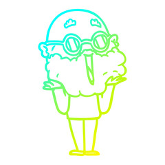 cold gradient line drawing cartoon joyful man with beard shrugging
