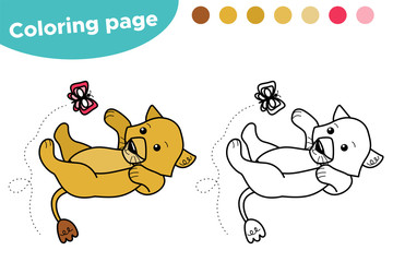Obraz na płótnie Canvas Educational game, coloring page for children. Cute cartoon lion cub playing with butterfly. African animals.
