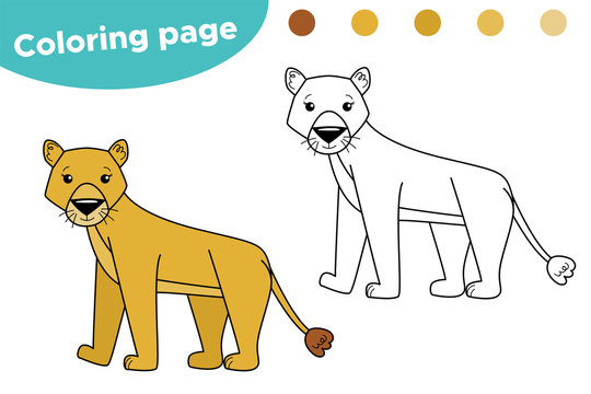 Educational game coloring page for kids. Cute cartoon lioness. African animals.