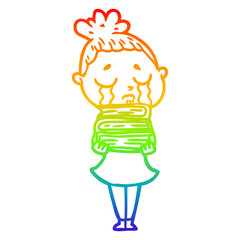 rainbow gradient line drawing cartoon crying woman with stack of books