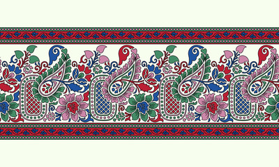 Woodblock printed seamless ethnic floral border. Traditional oriental ornament of India, paisley and flowers motif, red, green, pink and blue on ecru background. Textile design.