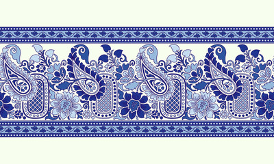 Woodblock printed indigo dye seamless ethnic floral border. Traditional oriental ornament of India, paisley and flowers motif, blue on ecru background. Textile design.