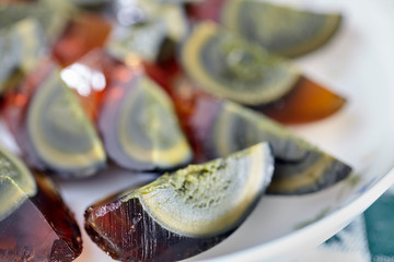 wedges of peeled thousand year old egg. Sometimes they're called century eggs