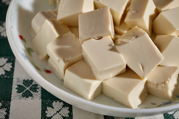 Cubes of silken tofu ready for cooking