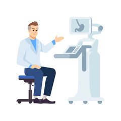 Gastroenterologist at work flat vector illustration. Professional doctor at workplace isolated cartoon character on white background. Abdominal ultrasound. Technical medical equipment. Stomach exam