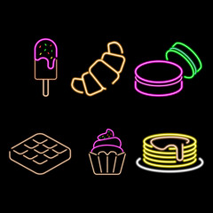 Simple Set of neon dessert related Icons. Contains such Icons as macarons, pancake, Sweet Waffle and more.