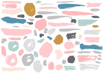 Set of colorful hand drawn grunge elements, geometrical shapes, rings, circles, banners, brush strokes isolated on white. Vector illustration.