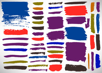 Big set of grunge brush stroke. Collection of Ink brush line, grunge lines, stripes, dividers, labels, templates. Set of dirty backgrounds, textured shapes. Distressed brushes. Vector illustration.