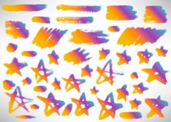 Orange, violet halftone brush strokes, elements, banners, textures, icons. Dotted texture isolated on white. Vector illustration.