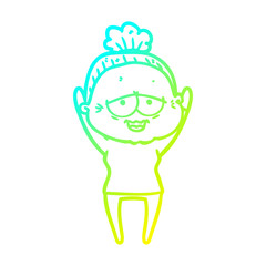cold gradient line drawing cartoon happy old lady
