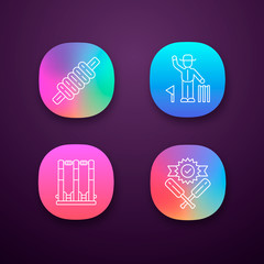 Cricket championship app icons set. Sport competition. Bail, stumps, win, umpire. Sporting gear, judge. Club tournament. UI/UX user interface. Web or mobile applications. Vector isolated illustrations