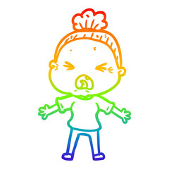 rainbow gradient line drawing cartoon angry old woman