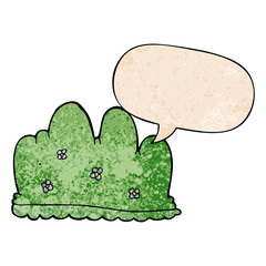 cartoon hedge and speech bubble in retro texture style