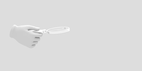 Cartoon hand holding magnifier. Illustration on white color background. 3D-rendering.