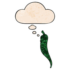 cartoon chili pepper and thought bubble in grunge texture pattern style