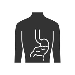 Ill stomach glyph icon. Gastritis. Sore human organ. Unhealthy digestive system. Sick internal body part. Gastrointestinal tract. Silhouette symbol. Negative space. Vector isolated illustration