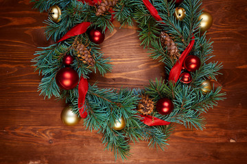 christmas wreath with red and golden balls