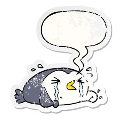 cartoon crying penguin and speech bubble distressed sticker