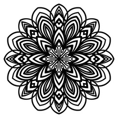 Ornamental round doodle flower isolated on white background. Black outline mandala. Geometric circle element. Vector illustration.