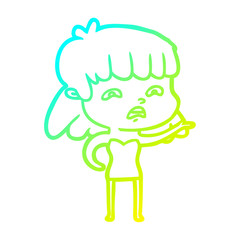 cold gradient line drawing cartoon worried woman