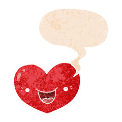 cartoon love heart character and speech bubble in retro textured style