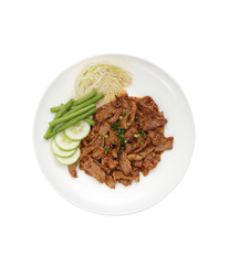 thai spicy beef salad on white background