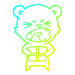 cold gradient line drawing angry cartoon bear with present