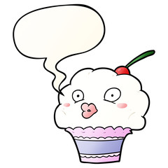 funny cartoon cupcake and speech bubble in smooth gradient style