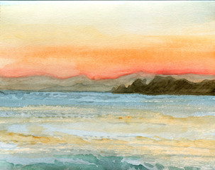 sunset over the sea. . Hand drawn artistic watercolor background.