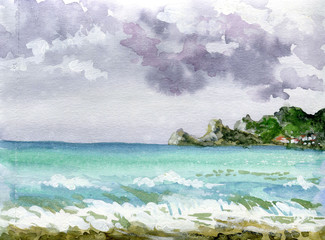 tropical beach and sea. . Hand drawn artistic watercolor background.