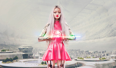 A girl of Asian appearance in a pink dress against a city of the future holds a glowing ball in her hands