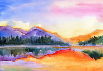 Fototapeta na wymiar Landscape with lake and mountains. . Hand drawn artistic watercolor background.