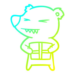 cold gradient line drawing angry bear cartoon with gift