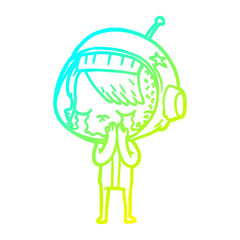 cold gradient line drawing cartoon crying astronaut girl